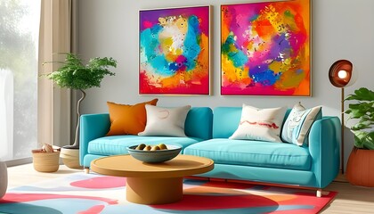 Wall Mural - Vibrant Living Room Decor with Colorful Abstract Art Creating a Cheerful and Happy Atmosphere