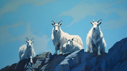 Poster - mountain goat on the mountain on blue background.