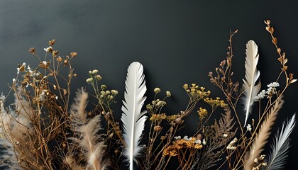 Elegant feather adorned with dry flora and wildflowers against a minimalist plain color background, perfect for creative and serene design elements