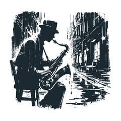 Wall Mural - The black musician with his saxophone. Black white vector illustration.
