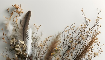 Wall Mural - Elegant feather adorned with dry flora and wildflowers against a minimalist plain color background, perfect for creative and serene design elements