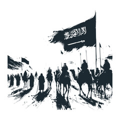 Wall Mural - Saudi Arabia Flag and some bedouin arabic people. National day illustration. Vector.
