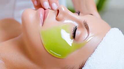 Sticker - A woman getting a facial with green mask on her face, AI