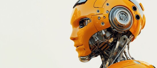 Wall Mural - detailed view of a metallic orange ai robot set against a white background high quality 3d illustrat