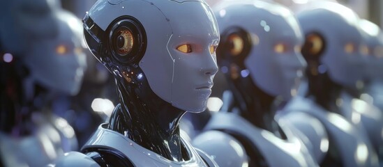 Wall Mural - smart robots utilizing ai technology work alongside humans by learning through digital networks driv