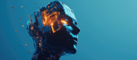 Poster - Abstract cube shaped head on a blue background representing concepts of artificial intelligence innovation and robotics in 3D rendering