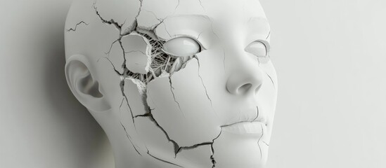 Poster - Abstract white robot head featuring cracks rendered in 3D Isolated on a white background