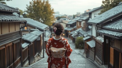 Wall Mural - A Japanese girl in a kimono, captured in a candid moment while walking along a historic street lined with traditional houses