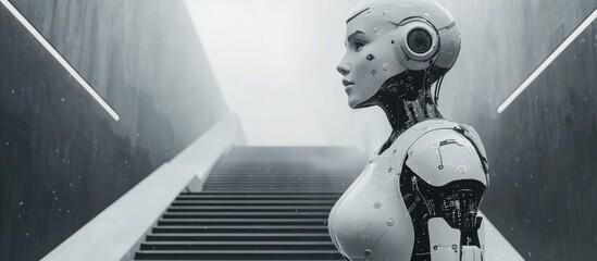 Wall Mural - female robot or cyborg with artificial intelligence ascends futuristic stairs representing the conce