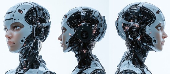 Futuristic humanoid woman presented from four distinct angles Close up collage showcasing intricate details Isolated on a white background 3D rendering