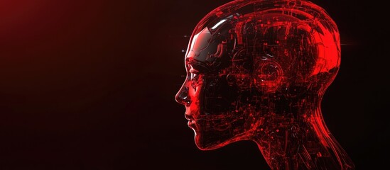 Futuristic red cyborg head in profile view against a dark background Features a semi transparent face mask rendered in 3D