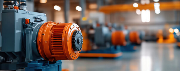 Wall Mural - A close-up of an orange electric motor in an industrial manufacturing plant, showcasing modern machinery and engineering precision.