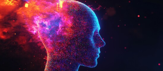 Wall Mural - Concept of Artificial Intelligence and Virtual Reality featuring a 3D human head composed of pixels in vibrant neon holographic colors against a dark backdrop