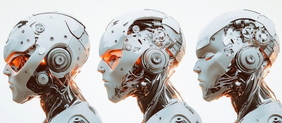 Wall Mural - futuristic humanoid cyborg reveals intricate head mechanism with numerous gears by removing his face