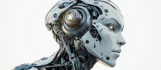 Wall Mural - profile image of a large robotic figure against a white background shown in a side view 3d rendered 