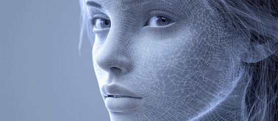 Wall Mural - 3d wireframe illustration of a young female face on a gray background symbolizing technology cyborgs