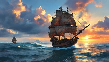 Wall Mural - Majestic ancient pirate ship cruising towards the horizon in a vibrant illustration