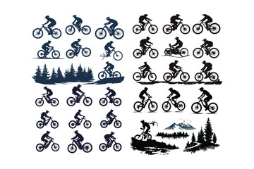 Wall Mural - Black and white drawing of sportsmen on mountain bikes set on a white background.