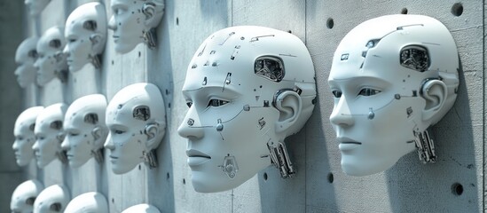 Wall Mural - 3d visualization of robotic heads displayed on a wall