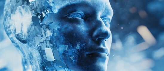 Wall Mural - close up of an abstract digital human face against a blue urban backdrop illustrating concepts of te