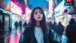 © sirisakboakaew - A Japanese girl in modern street fashion, captured mid-walk in a bustling shopping district with neon signs in the background