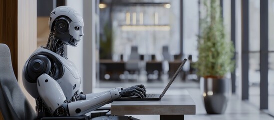 Wall Mural - ai robot seated at a desk engaged in work within an office environment representing concepts of auto