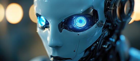 Partially blurred humanoid robot featuring luminous blue eyes Vertical orientation