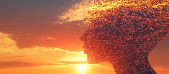 Wall Mural - abstract 3d wireframe illustration of a young female head against a sunset sky representing concepts
