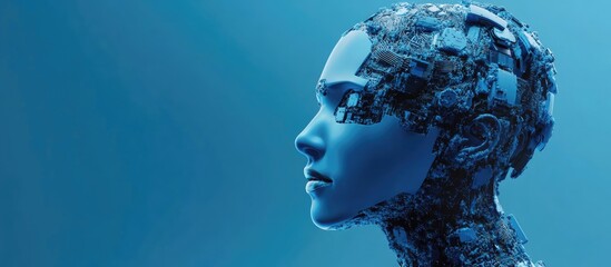 Wall Mural - holographic blue robot head representing artificial intelligence against a blue backdrop illustratin
