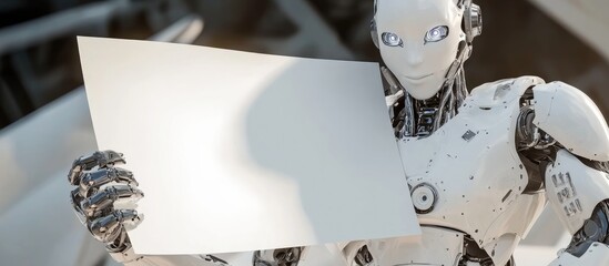 Wall Mural - 3d rendering of an artificial intelligence cyborg or robot holding a blank sign