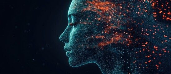 Poster - Human face intertwined with circuit lines symbolizing artificial intelligence concepts such as deep learning data science and natural language processing with neural networks