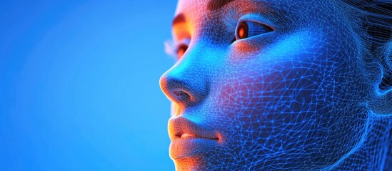 Wall Mural - 3d wireframe representation of a young female face on a blue background symbolizing technology cybor