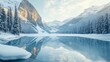 © Victoria - Calm frozen lake reflecting snow covered mountains at sunrise