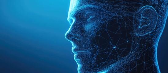 Wall Mural - 3d wireframe representation of a young male face on a blue background symbolizing technology cyborgs