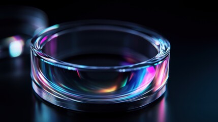 Closeup of a clear glass ring with iridescent reflections on a black background.