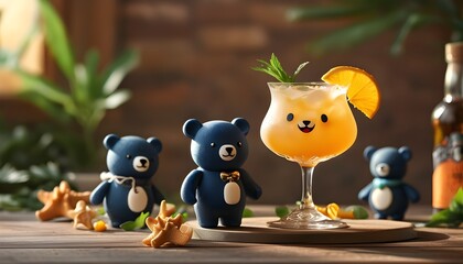 Joyful summer refreshment with a bear-themed mocktail glass for a whimsical sip