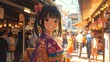 © sirisakboakaew - A kawaii Japanese girl with a playful smile, wearing a colorful and cute outfit, standing in a bustling street market