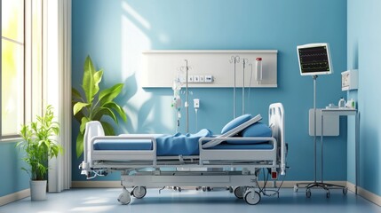 Wall Mural - Empty hospital bed with IV pole and monitor in a blue room.