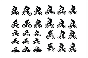 Wall Mural - Black and white drawing of sportsmen on mountain bikes set on a white background.