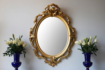 Elegant Baroque Style Oval Gold Mirror Frame on Minimalist Background