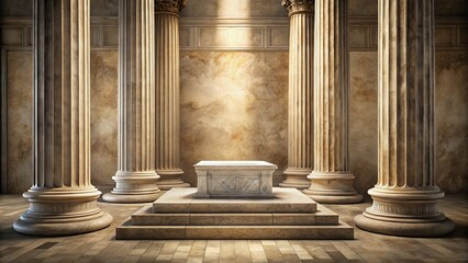 Ancient stone podium with antique columns on marble background for product presentation in natural light color, low angle view