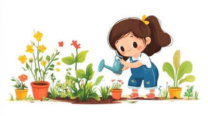 Clean vector illustration of a cute cartoon girl wearing overalls and watering plants in a garden, with a focus on bright colors and basic shapes. Set against a white background, the design captures