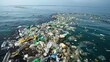 © Suthathip - A massive garbage patch floating in the ocean, a stark accumulation of plastic waste and debris swirling in the currents. The disturbing sight underscores the scale of marine pollution and the
