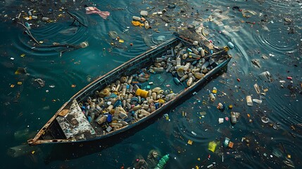 a massive garbage patch floating in the ocean, a stark accumulation of plastic waste and debris swir