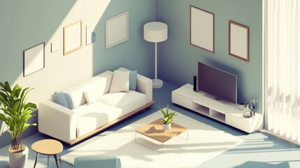 Wall Mural - Modern living room interior with white couch, coffee table, and TV stand.