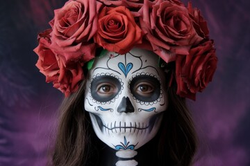 Colorful sugar skull figure with a crown of roses, set against a graveyard background at night. Concept of Day of the Dead celebration