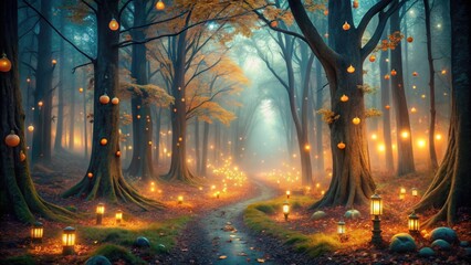 Fairytale forest bathed in an alien glow under a late November autumn night street light, beautiful, forest, late, November