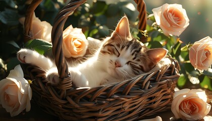 Wall Mural - Serene cat lounging in a basket surrounded by roses with sunlight filtering through vibrant petals