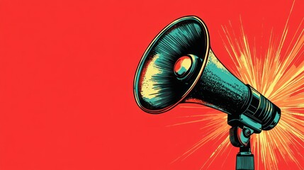 A vintage-style illustration of a megaphone on a red background with yellow rays exploding from the speaker.