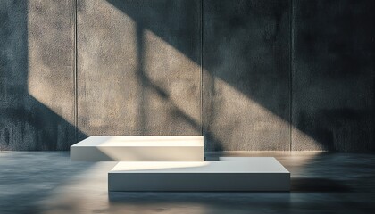 Two White Platforms Against a Gray Concrete Wall with Shadows